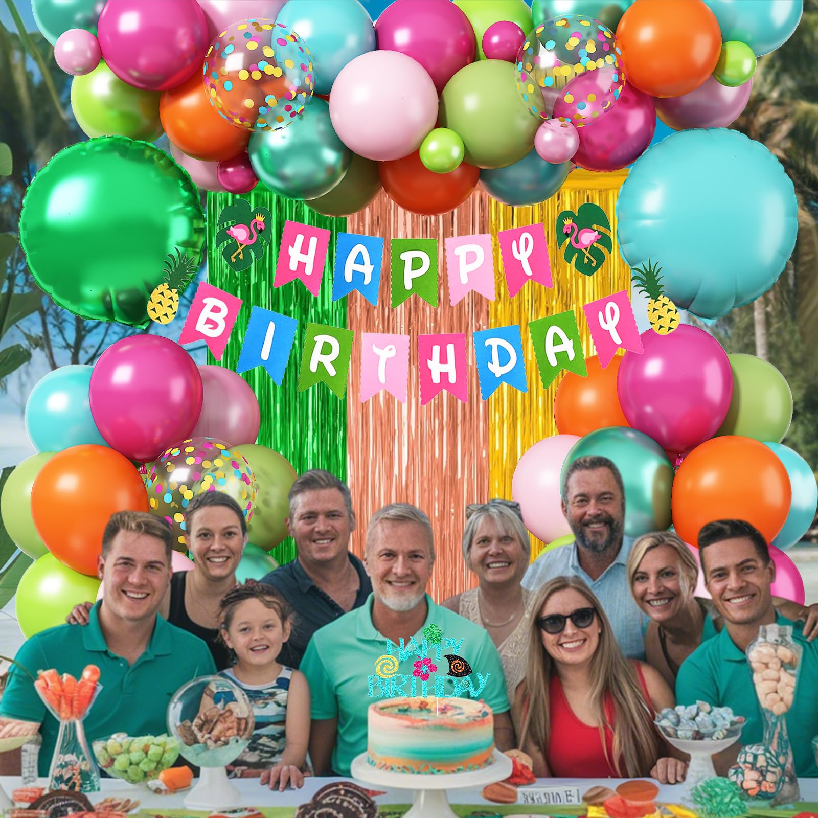 Froova Hawaiian Tropical Birthday Party Decorations Kit – 51-Piece Luau Set with Foil Curtain, Banner, Cake Topper, and Balloons
