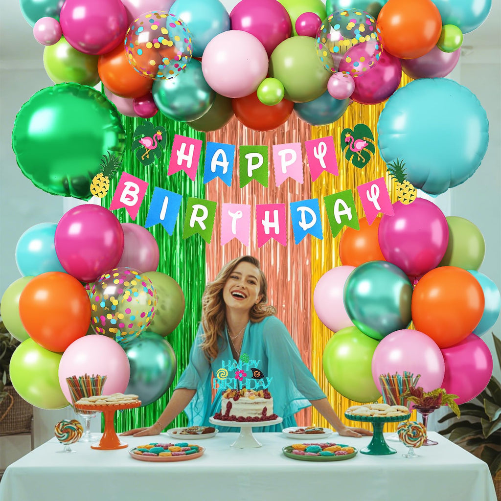 Froova Hawaiian Tropical Birthday Party Decorations Kit – 51-Piece Luau Set with Foil Curtain, Banner, Cake Topper, and Balloons