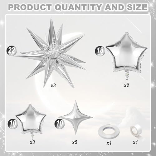Froova Metallic Silver Star Foil Balloons - 16-Piece Set with 22, 18, 10 Inch Stars for New Year, Baby Shower, Wedding
