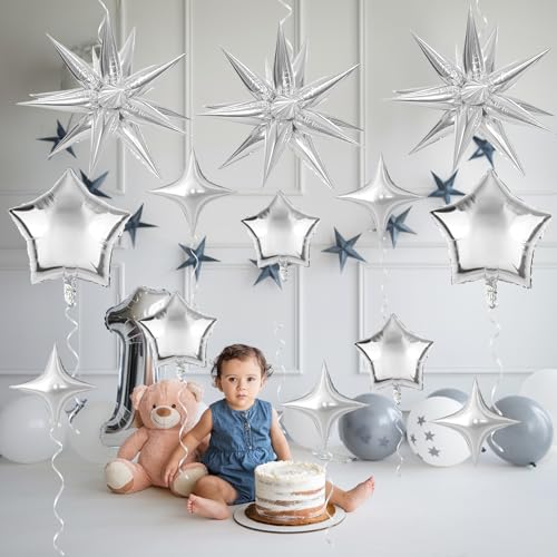 Froova Metallic Silver Star Foil Balloons - 16-Piece Set with 22, 18, 10 Inch Stars for New Year, Baby Shower, Wedding