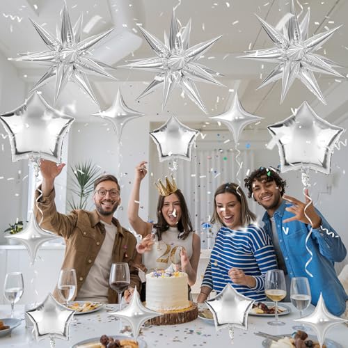 Froova Metallic Silver Star Foil Balloons - 16-Piece Set with 22, 18, 10 Inch Stars for New Year, Baby Shower, Wedding