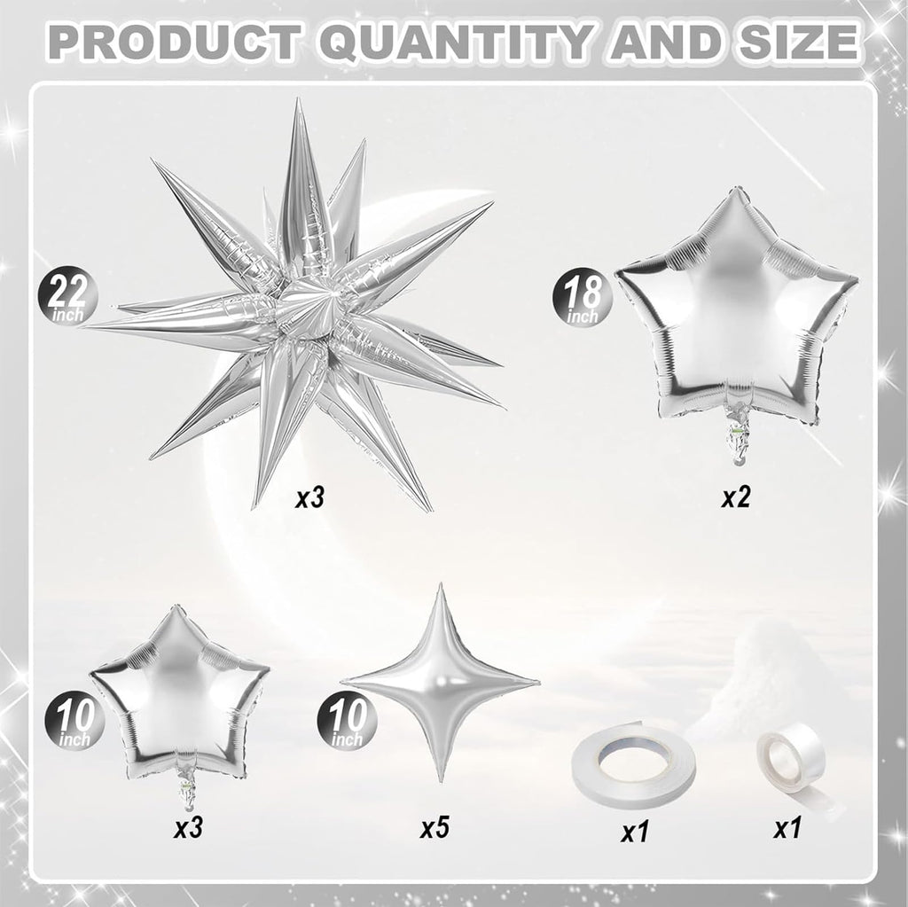 Froova Metallic Silver Star Foil Balloons - 16-Piece Set with 22, 18, 10 Inch Stars for New Year, Baby Shower, Wedding