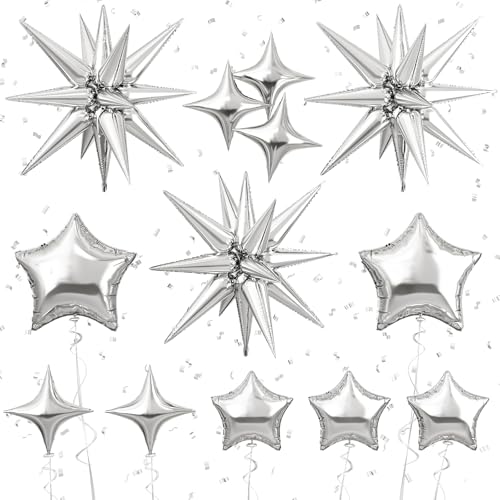 Froova Metallic Silver Star Foil Balloons - 16-Piece Set with 22, 18, 10 Inch Stars for New Year, Baby Shower, Wedding