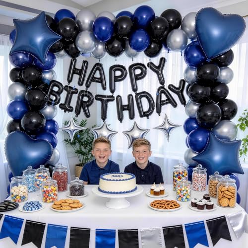 Froova Navy Blue & Black Birthday Balloon Set – 29-Piece Party Decor with Metallic Stars and Heart Foil Balloons