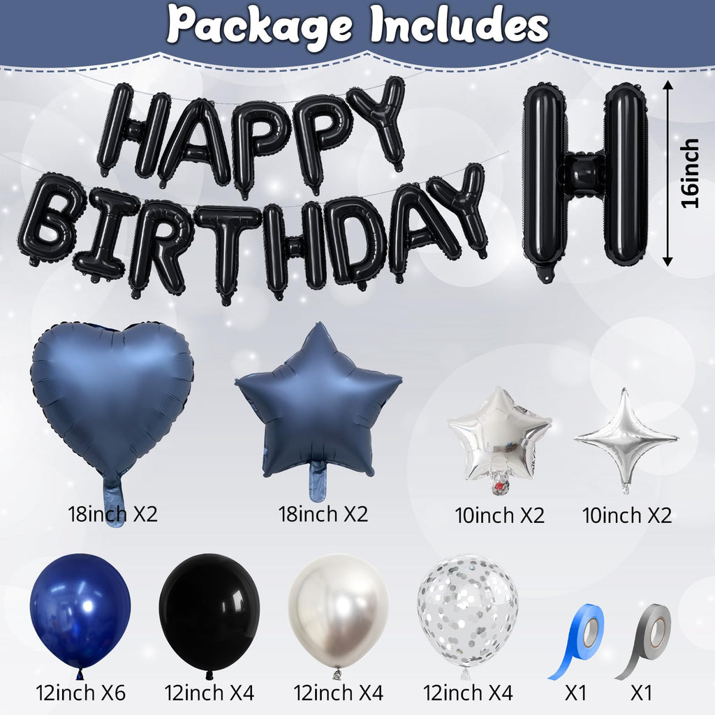 Froova Navy Blue & Black Birthday Balloon Set – 29-Piece Party Decor with Metallic Stars and Heart Foil Balloons