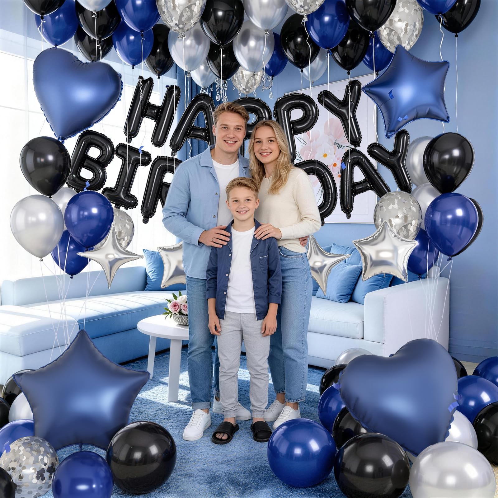 Froova Navy Blue & Black Birthday Balloon Set – 29-Piece Party Decor with Metallic Stars and Heart Foil Balloons