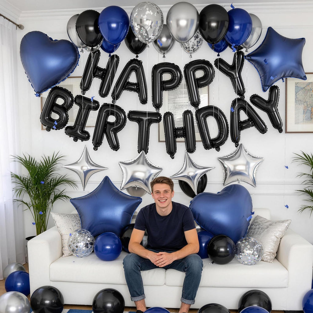 Froova Navy Blue & Black Birthday Balloon Set – 29-Piece Party Decor with Metallic Stars and Heart Foil Balloons