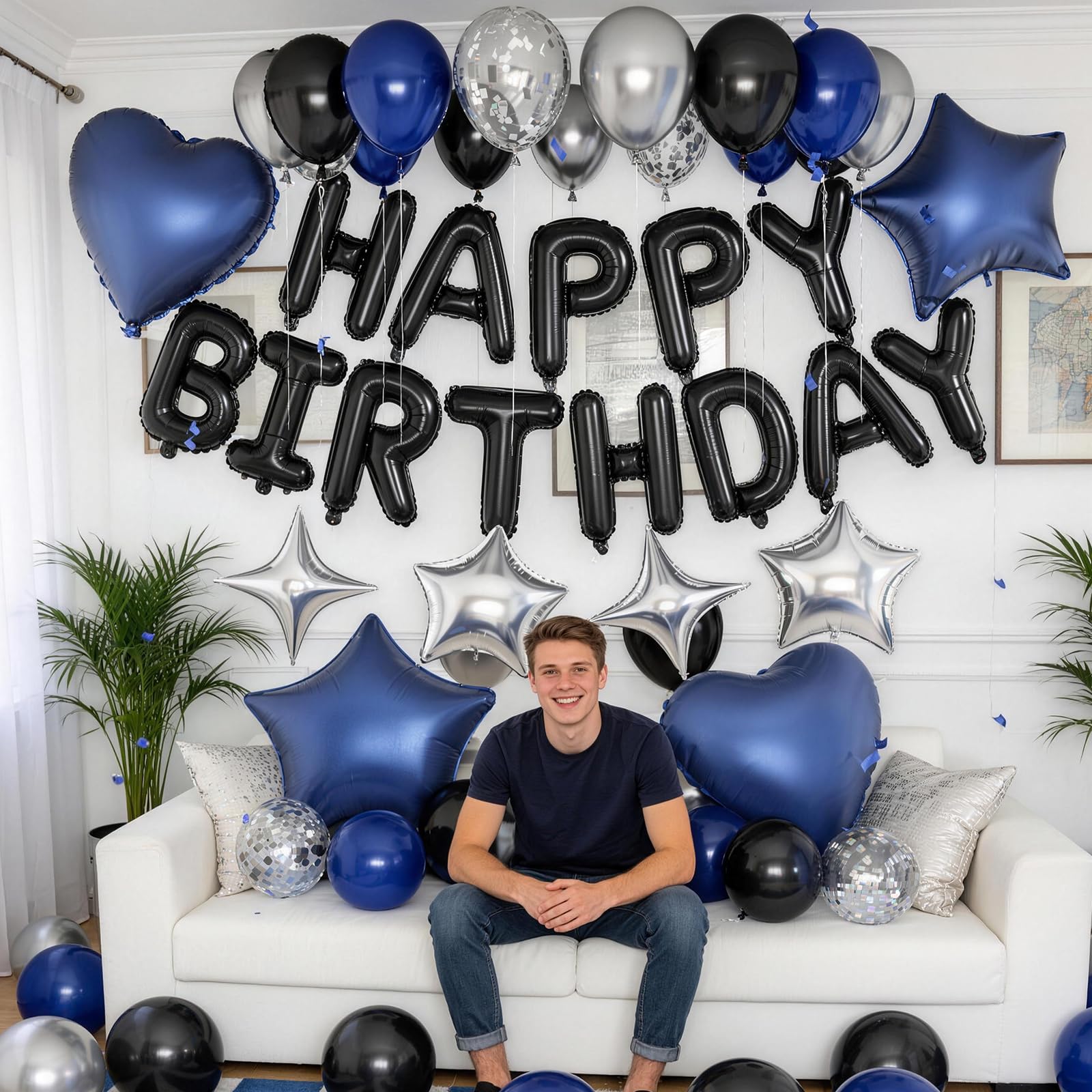 Froova Navy Blue & Black Birthday Balloon Set – 29-Piece Party Decor with Metallic Stars and Heart Foil Balloons
