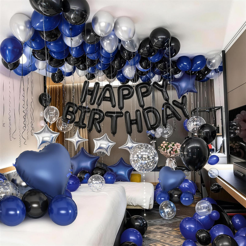 Froova Navy Blue & Black Birthday Balloon Set – 29-Piece Party Decor with Metallic Stars and Heart Foil Balloons