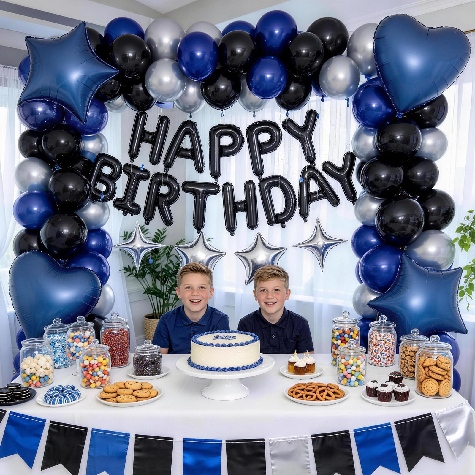 Froova Navy Blue & Black Birthday Balloon Set – 29-Piece Party Decor with Metallic Stars and Heart Foil Balloons