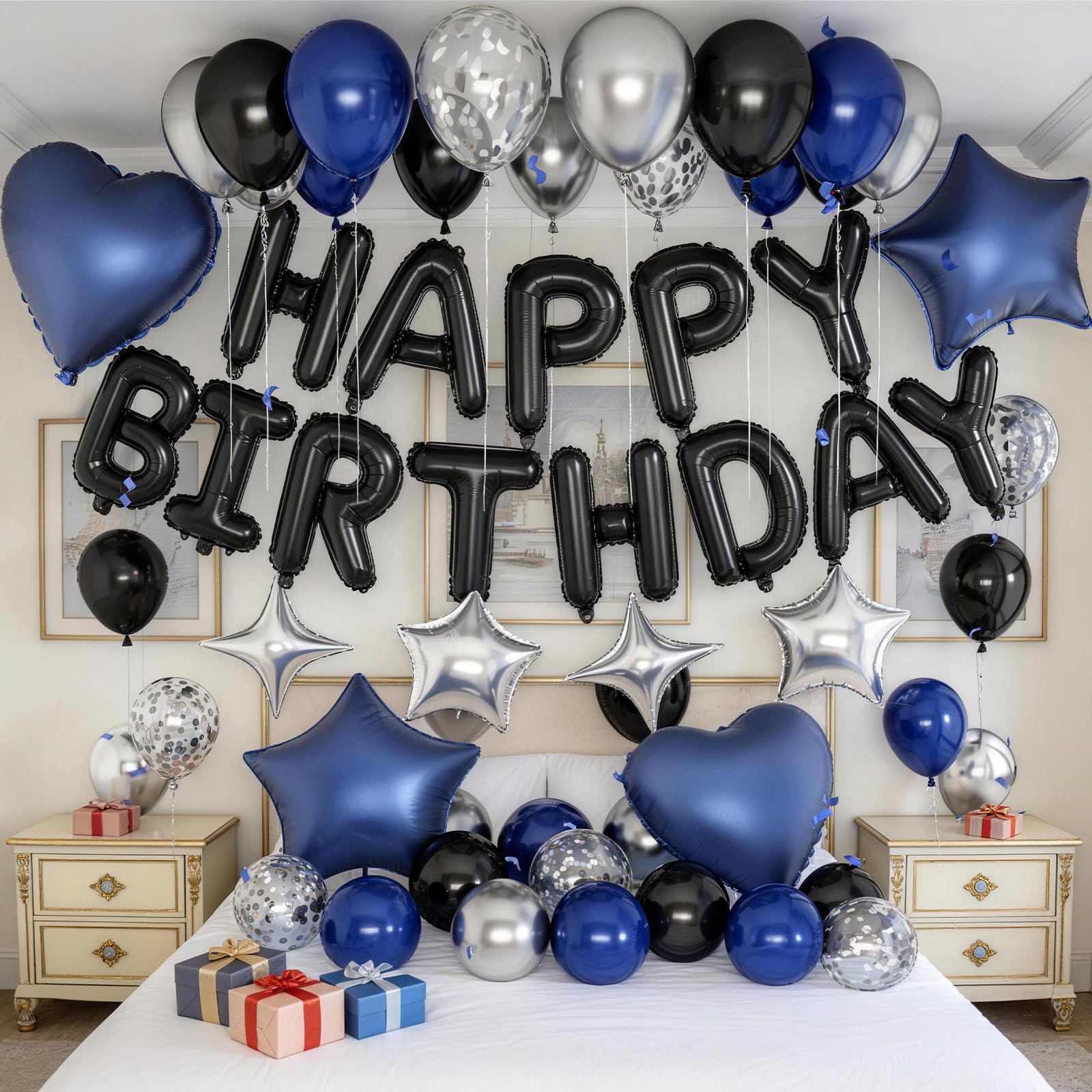 Froova Navy Blue & Black Birthday Balloon Set – 29-Piece Party Decor with Metallic Stars and Heart Foil Balloons