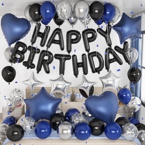 Froova Navy Blue & Black Birthday Balloon Set – 29-Piece Party Decor with Metallic Stars and Heart Foil Balloons