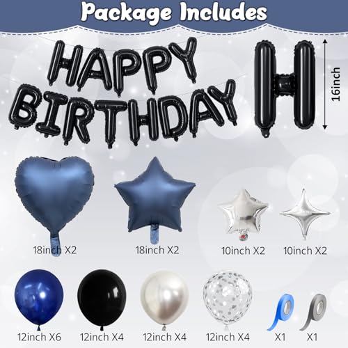 Froova Navy Blue & Black Birthday Balloon Set – 29-Piece Party Decor with Metallic Stars and Heart Foil Balloons