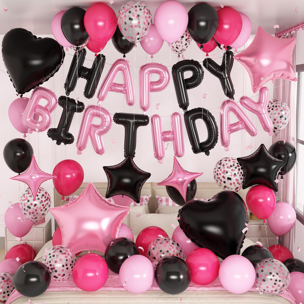 Froova Pink and Black Balloon Set for Birthday Party – 29 Pieces with Star, Heart, and HAPPY BIRTHDAY Banner