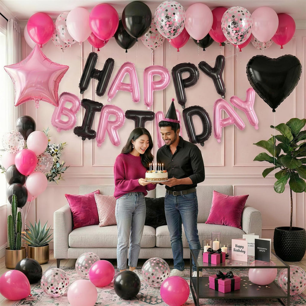 Froova Pink and Black Balloon Set for Birthday Party – 29 Pieces with Star, Heart, and HAPPY BIRTHDAY Banner