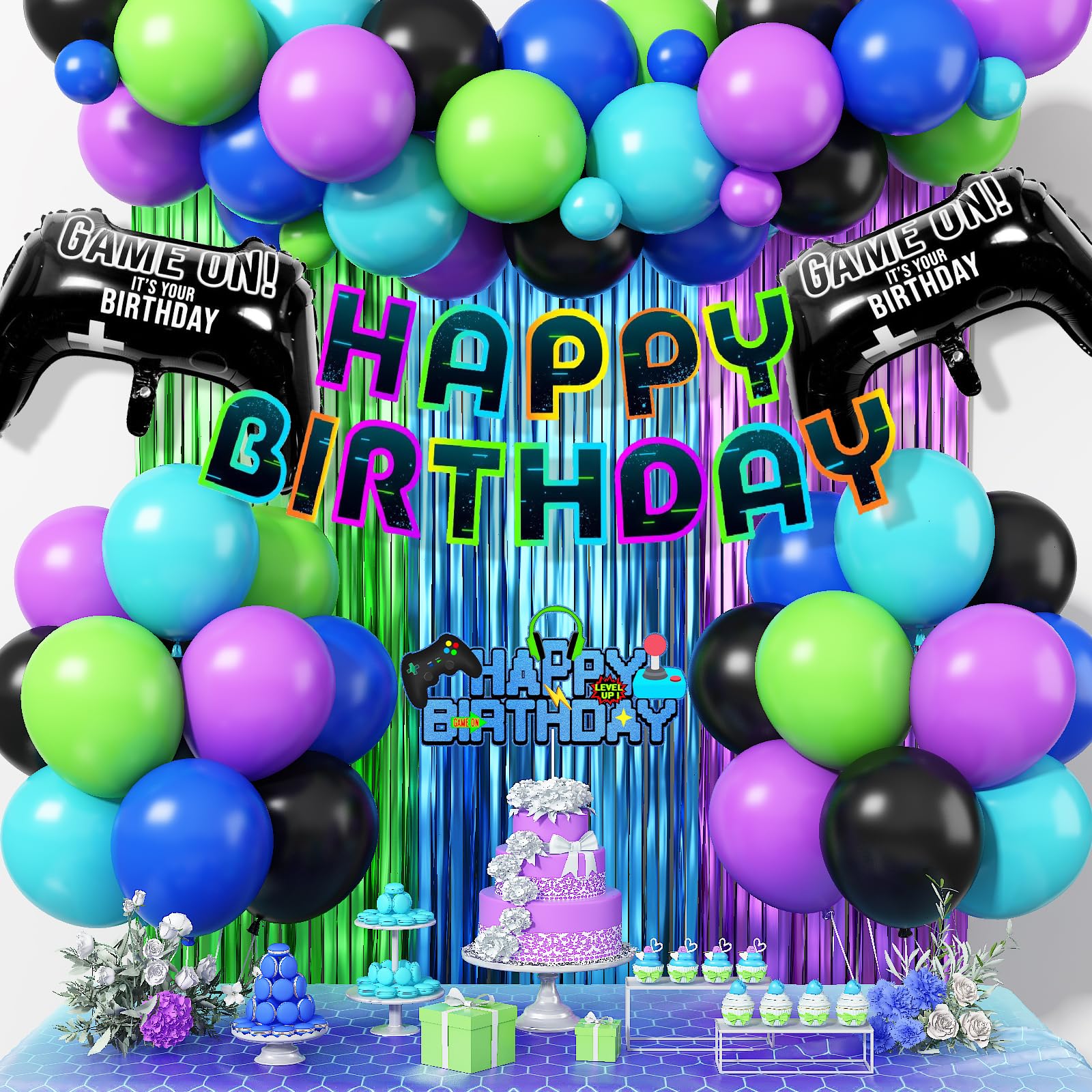 Froova Video Game Birthday Decorations – 72-Piece Gaming Party Kit with Controller Balloons & Fringe Curtain