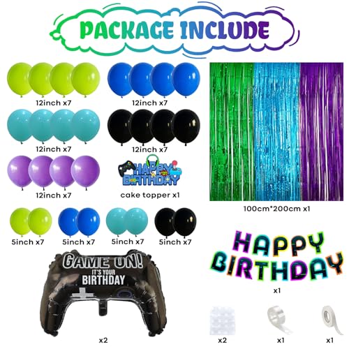 Froova Video Game Birthday Decorations – 72-Piece Gaming Party Kit with Controller Balloons & Fringe Curtain