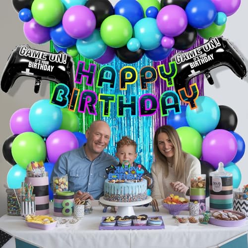 Froova Video Game Birthday Decorations – 72-Piece Gaming Party Kit with Controller Balloons & Fringe Curtain