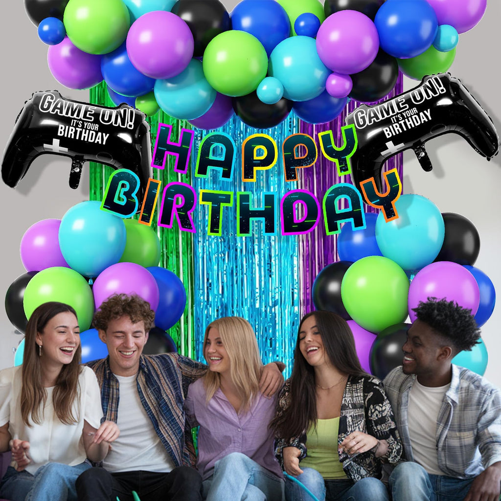 Froova Video Game Birthday Decorations – 72-Piece Gaming Party Kit with Controller Balloons & Fringe Curtain