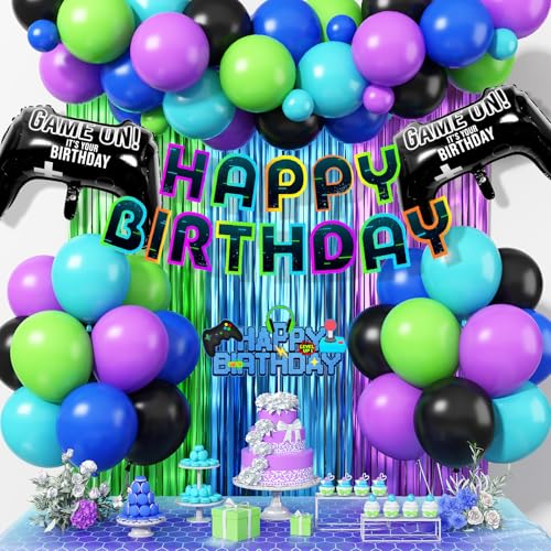 Froova Video Game Birthday Decorations – 72-Piece Gaming Party Kit with Controller Balloons & Fringe Curtain