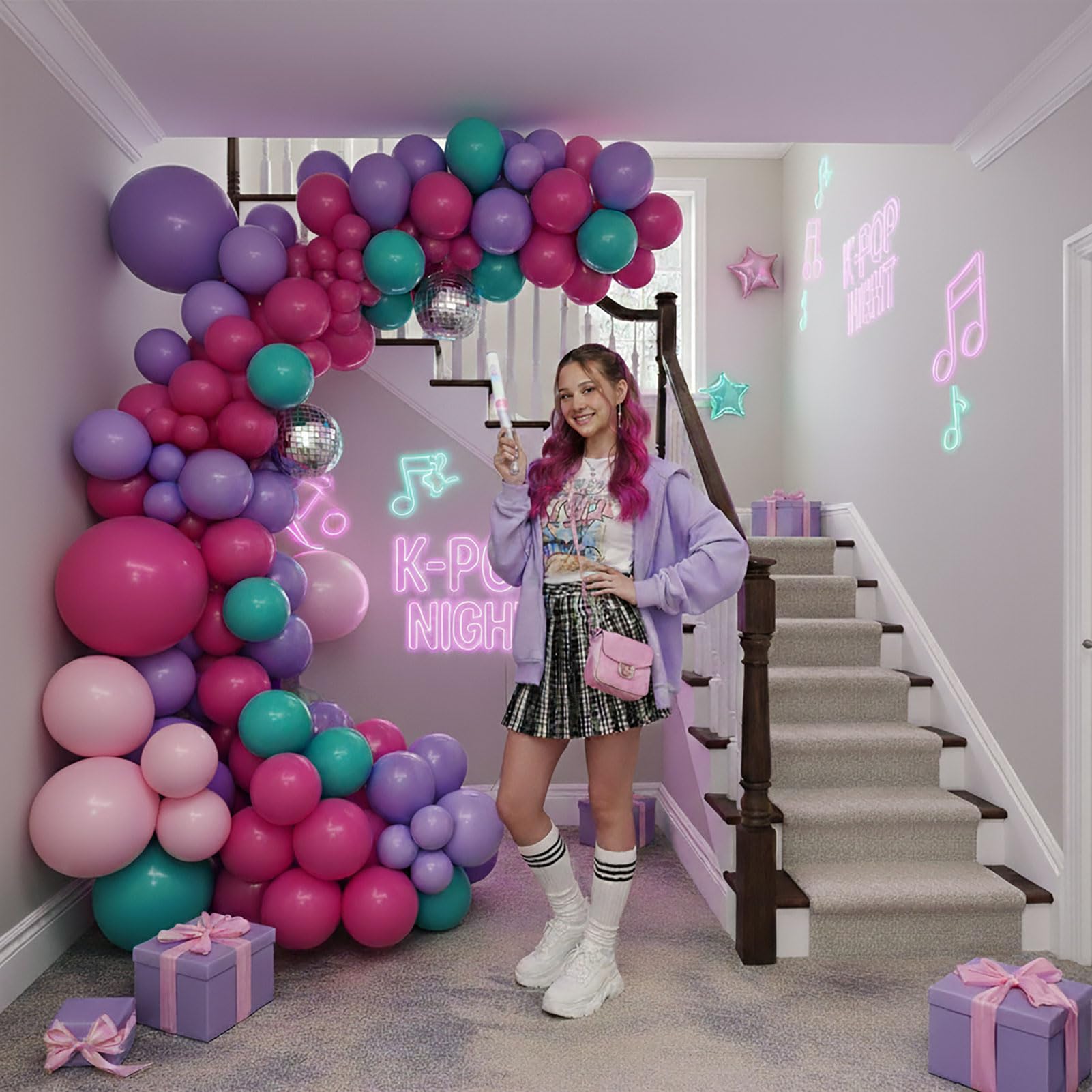 froufing K-Pop Themed Balloon Arch Kit – 152 Hot Pink, Teal & Purple Balloons with Tools