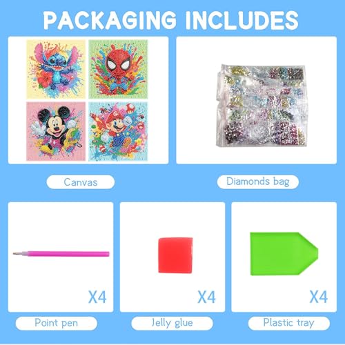 Fuinkqe 4 Pack Diamond Art Kits for Kids - Cartoon Mosaic Painting Sets for Ages 4-12, 6x6 Inch Canvases