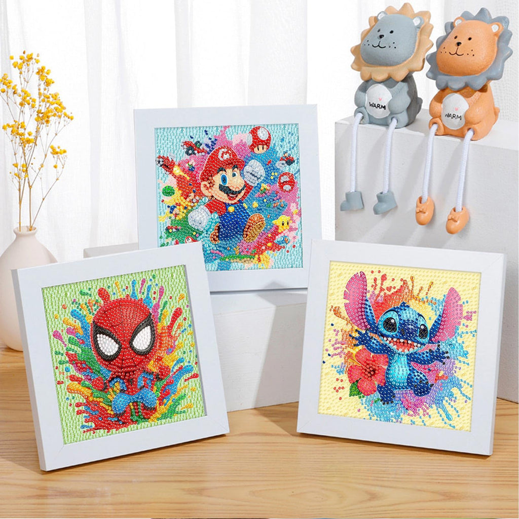 Fuinkqe 4 Pack Diamond Art Kits for Kids - Cartoon Mosaic Painting Sets for Ages 4-12, 6x6 Inch Canvases