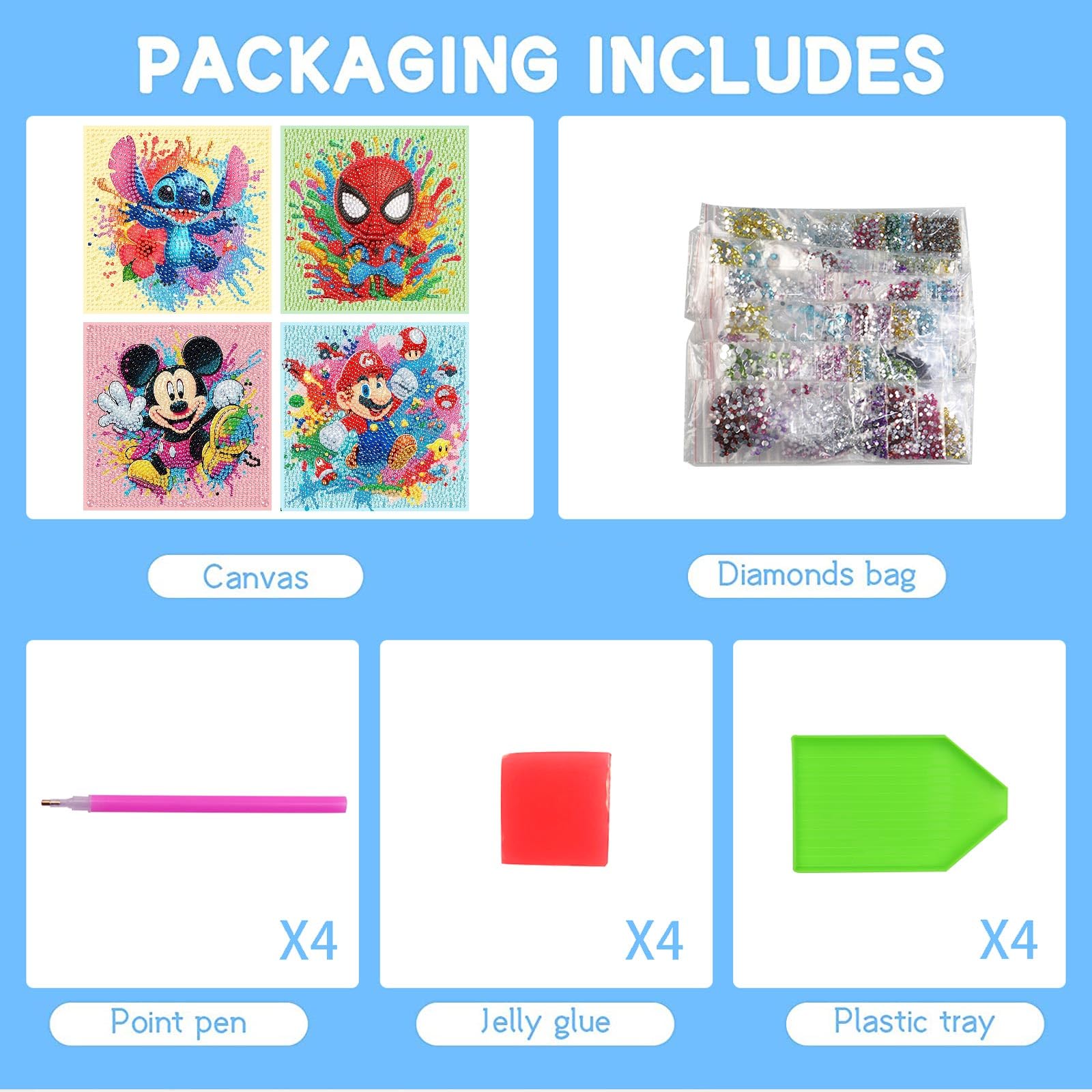 Fuinkqe 4 Pack Diamond Art Kits for Kids - Cartoon Mosaic Painting Sets for Ages 4-12, 6x6 Inch Canvases