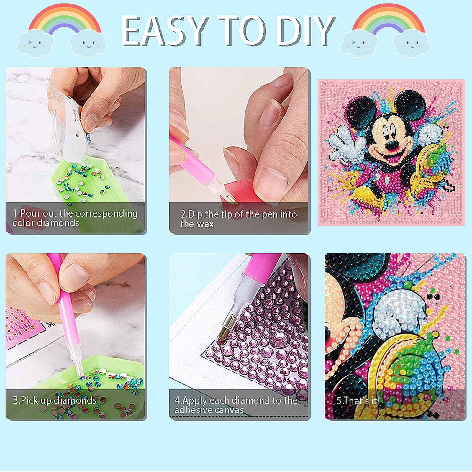 Fuinkqe 4 Pack Diamond Art Kits for Kids - Cartoon Mosaic Painting Sets for Ages 4-12, 6x6 Inch Canvases