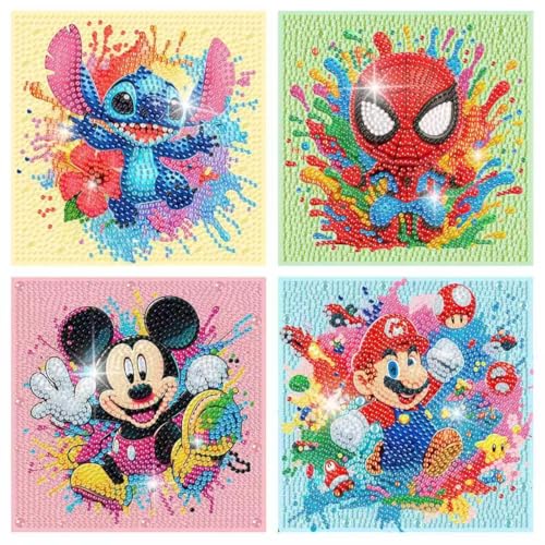 Fuinkqe 4 Pack Diamond Art Kits for Kids - Cartoon Mosaic Painting Sets for Ages 4-12, 6x6 Inch Canvases