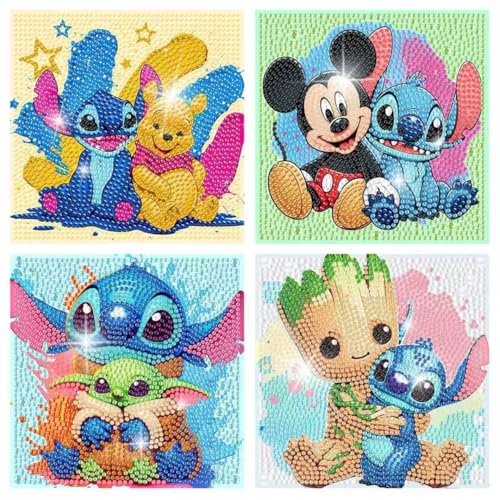 Fuinkqe 4-Pack Diamond Art Kits for Kids – Cartoon 5D DIY Gem Painting, 6x6 Inch Canvases