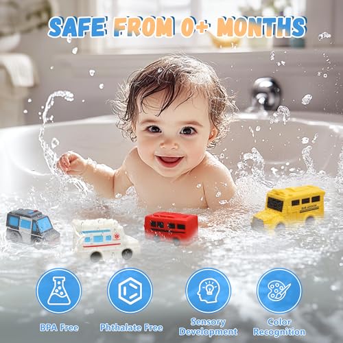 FUIYKA Mold Free Bath Toys – 6 Pack No Hole Silicone Floating Vehicles with Storage Mesh