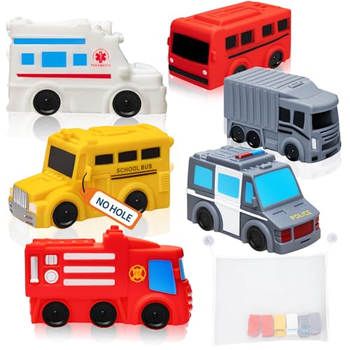 FUIYKA Mold Free Bath Toys – 6 Pack No Hole Silicone Floating Vehicles with Storage Mesh