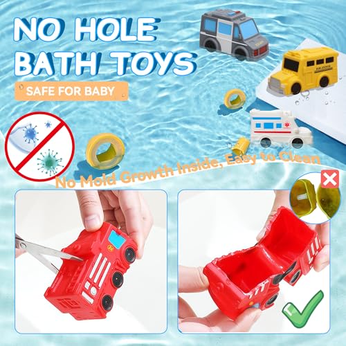 FUIYKA Mold Free Bath Toys – 6 Pack No Hole Silicone Floating Vehicles with Storage Mesh