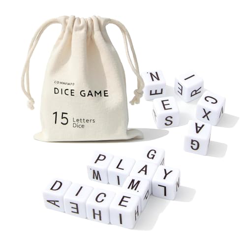 Full Alphabet Word Dice Game – 15 Letter Dice with Balanced Vowels & Consonants, Travel-Friendly Canvas Pouch Included