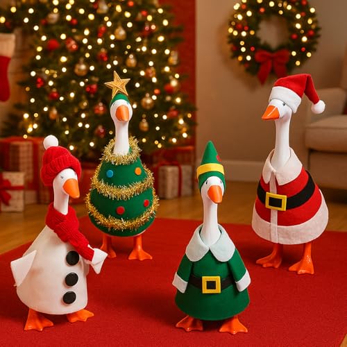 Fullhawl 4 Sets Winter Mini Desk Goose Outfit - Santa, Elf, Tree & Snowman Felt Costumes for 7-Inch Magnetic Silly Goose Statue