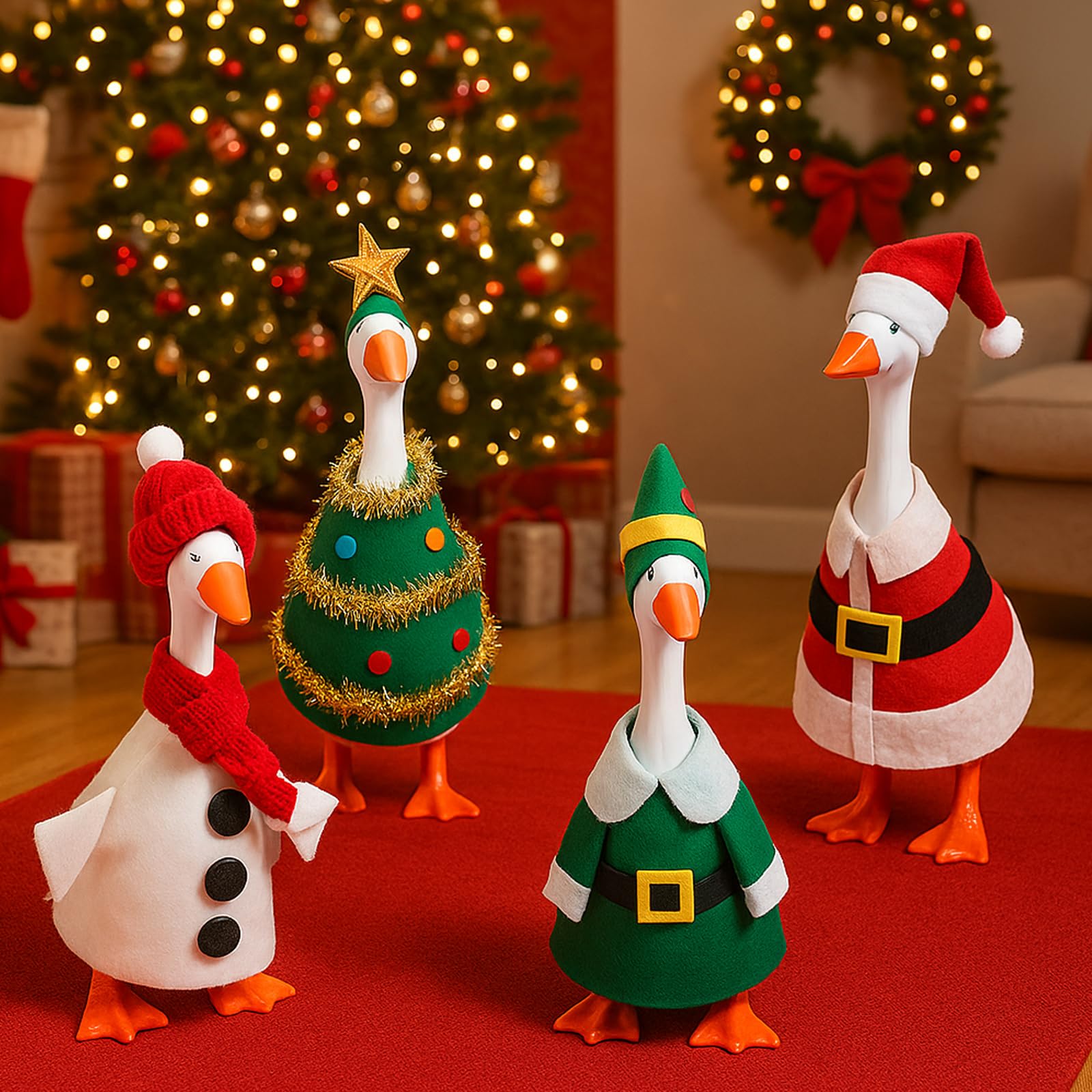 Fullhawl 4 Sets Winter Mini Desk Goose Outfit - Santa, Elf, Tree & Snowman Felt Costumes for 7-Inch Magnetic Silly Goose Statue