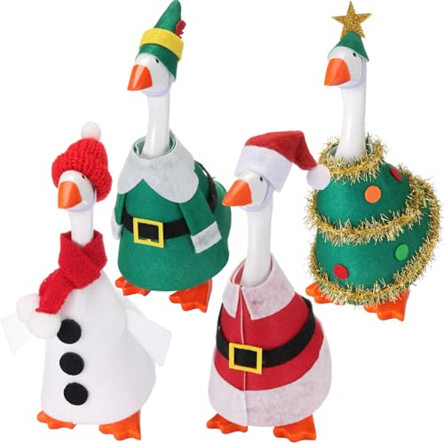 Fullhawl 4 Sets Winter Mini Desk Goose Outfit - Santa, Elf, Tree & Snowman Felt Costumes for 7-Inch Magnetic Silly Goose Statue