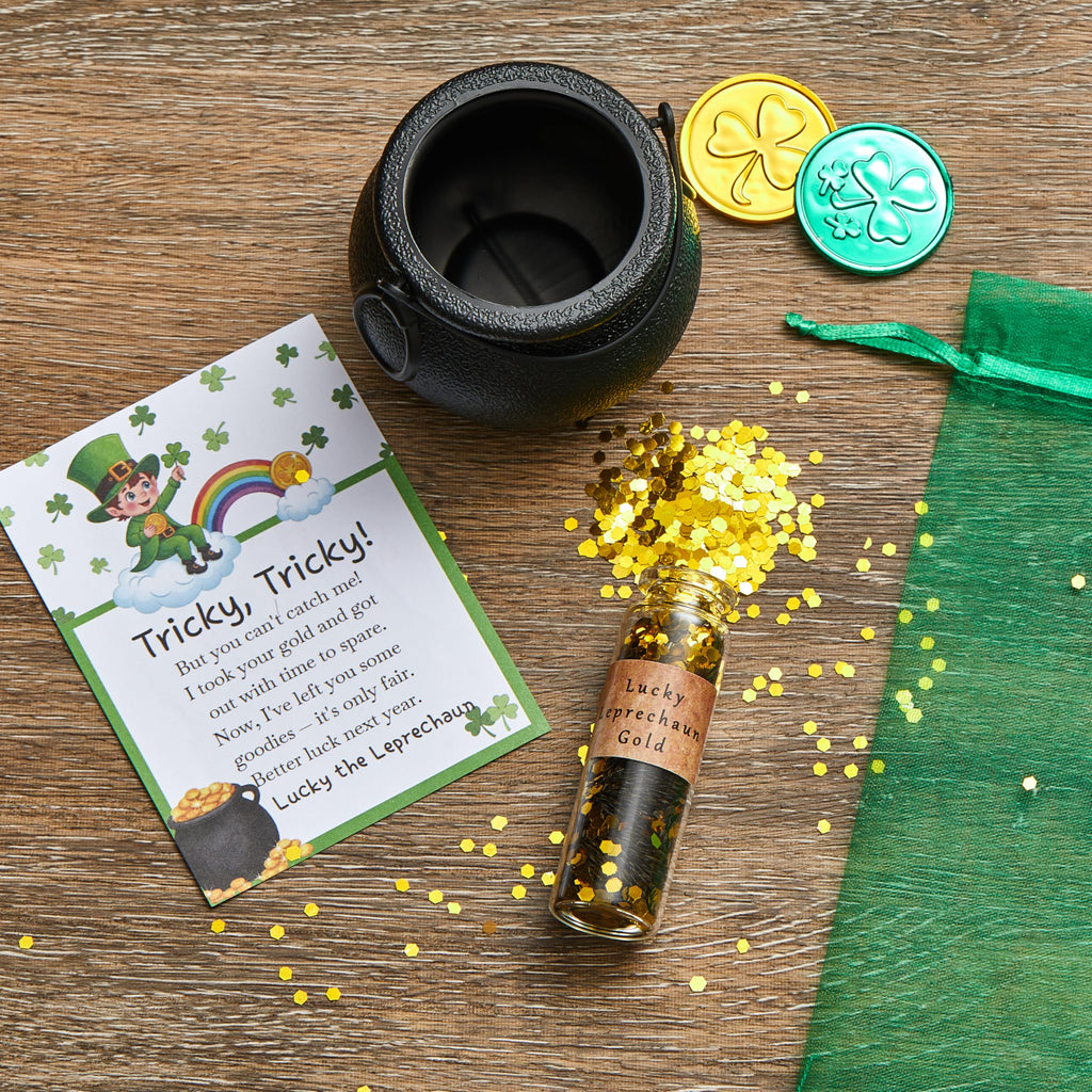 Fullhawl St. Patrick's Day Leprechaun Trap Kit – Includes Shamrock Letter, Gold Coins, Glitter Bottle & Cauldron