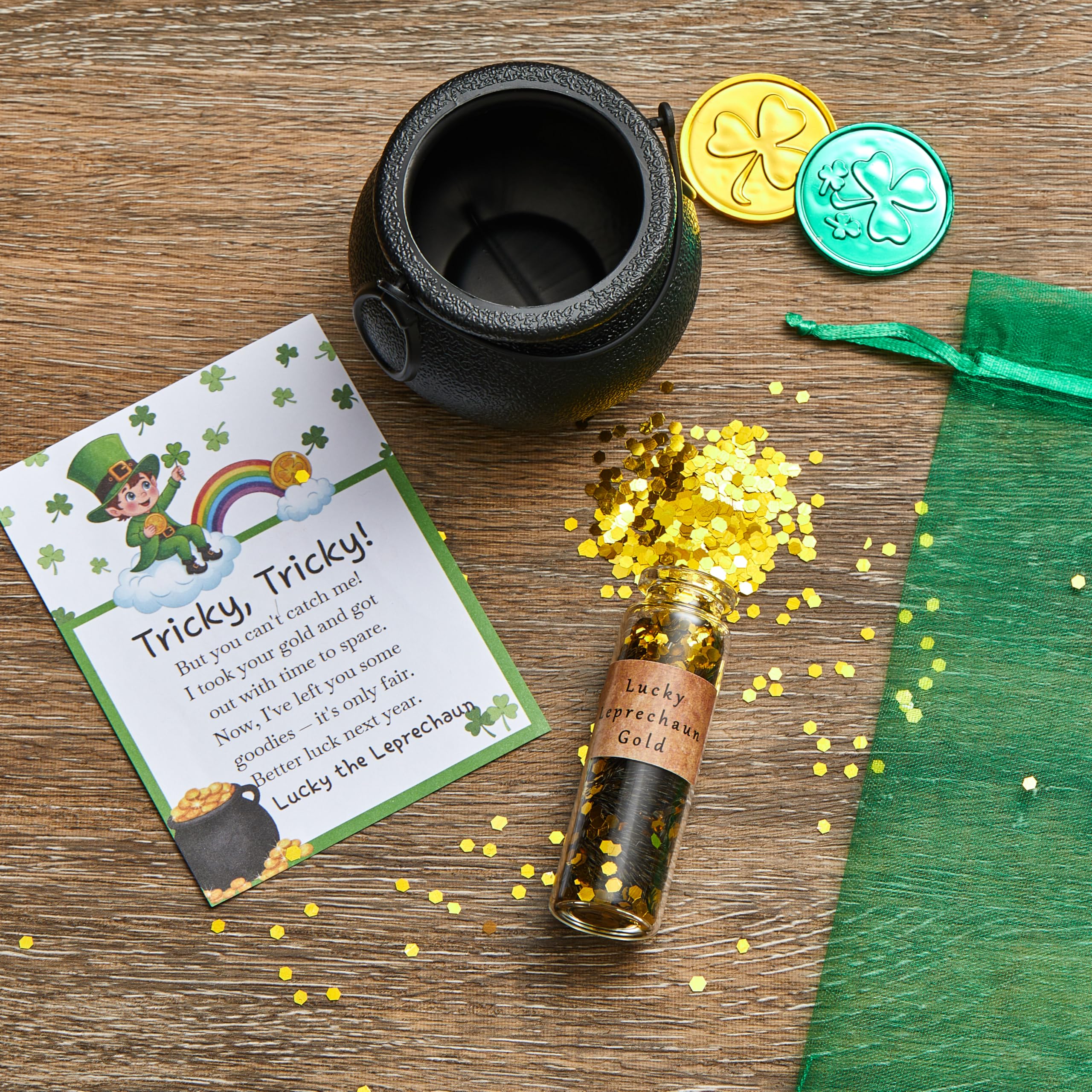 Fullhawl St. Patrick's Day Leprechaun Trap Kit – Includes Shamrock Letter, Gold Coins, Glitter Bottle & Cauldron