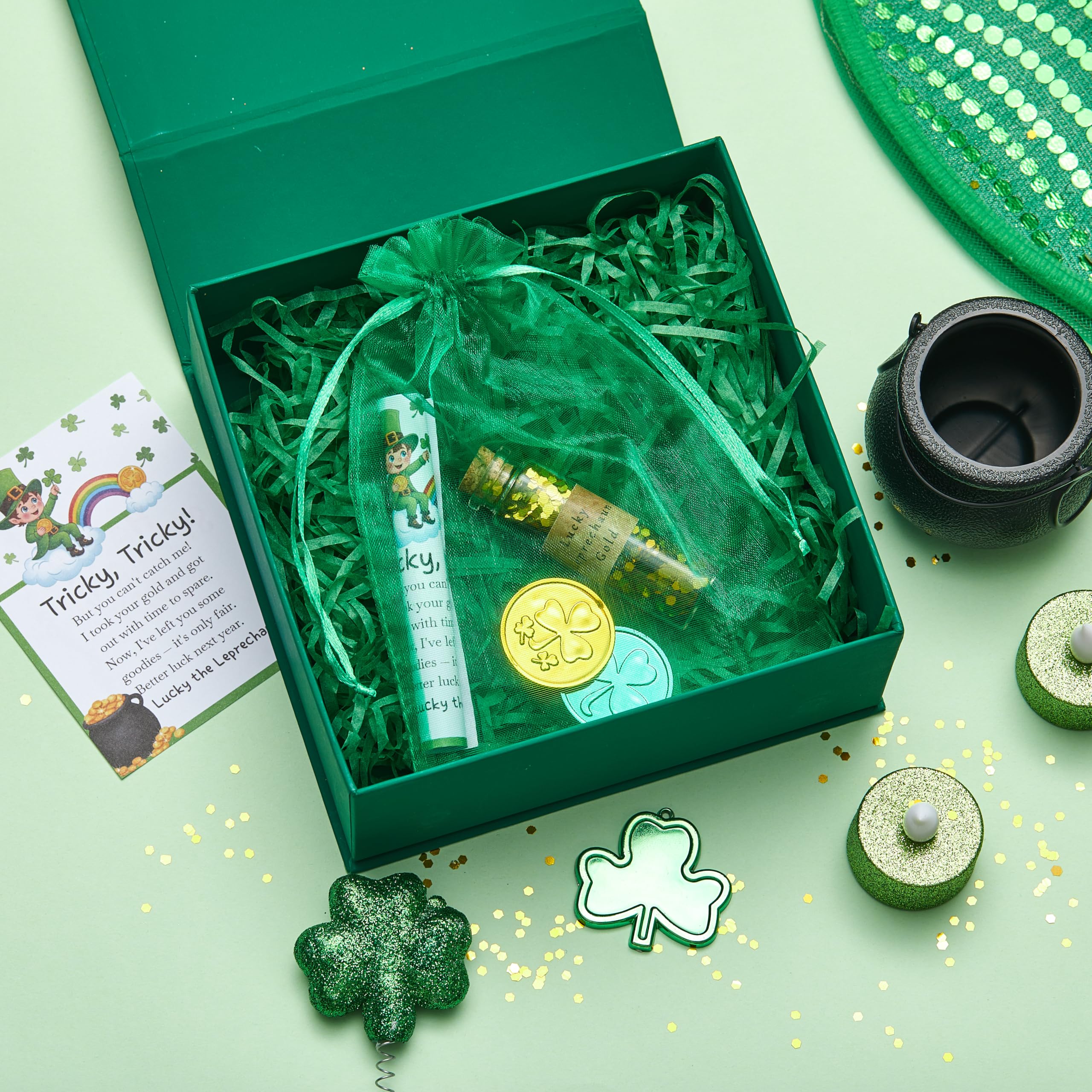 Fullhawl St. Patrick's Day Leprechaun Trap Kit – Includes Shamrock Letter, Gold Coins, Glitter Bottle & Cauldron