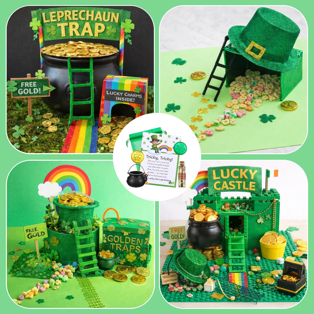 Fullhawl St. Patrick's Day Leprechaun Trap Kit – Includes Shamrock Letter, Gold Coins, Glitter Bottle & Cauldron