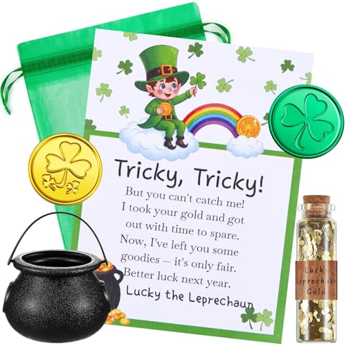 Fullhawl St. Patrick's Day Leprechaun Trap Kit – Includes Shamrock Letter, Gold Coins, Glitter Bottle & Cauldron