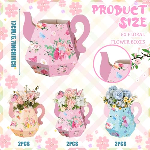 Fulmoon 6-Pack Tea Party Decorations - Paper Teapot Centerpieces with Floral Patterns, 6.7-Inch Cardboard Table Decor for Baby Showers, Weddings, Birthdays
