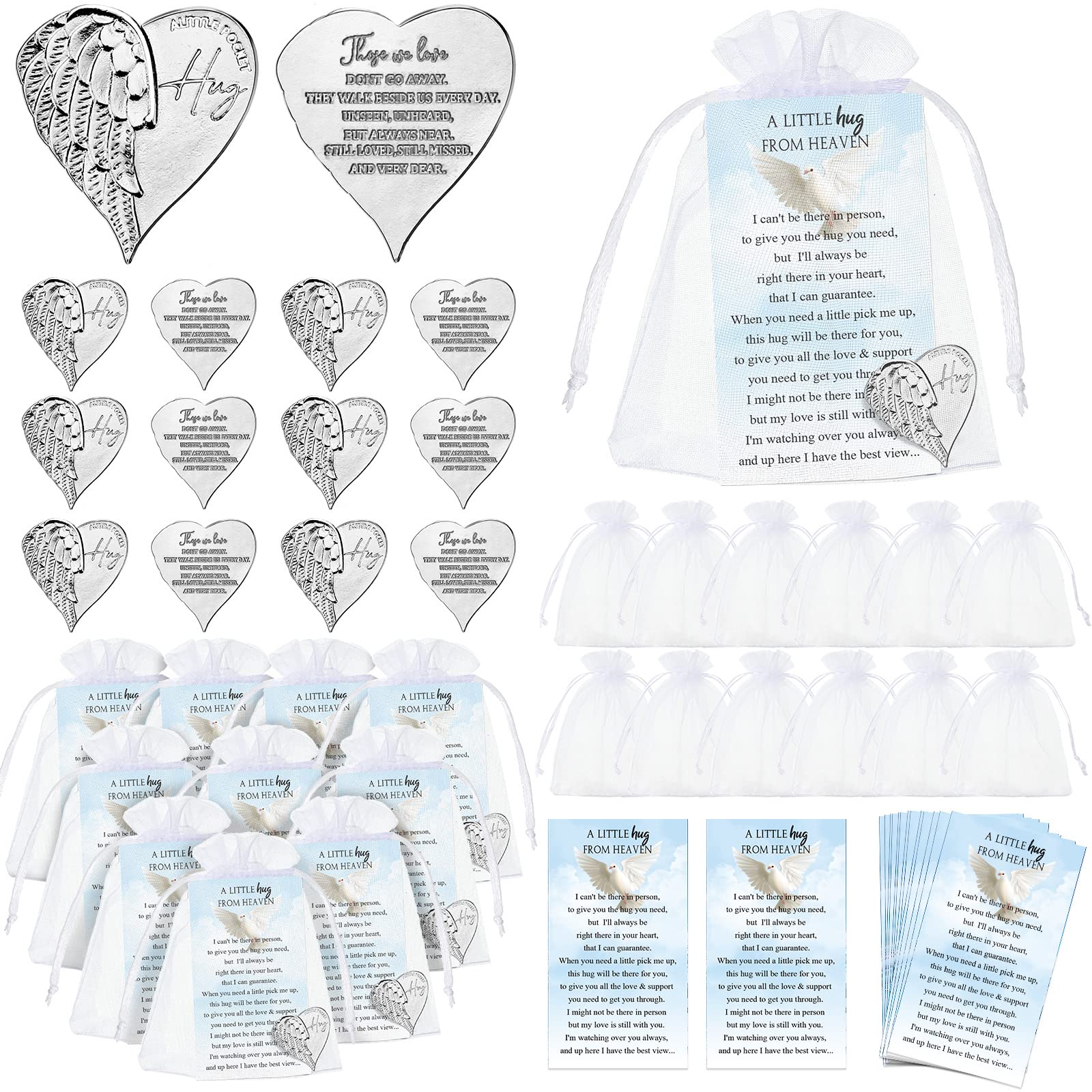 Fumete 20 Sets Funeral Favors for Guests with Heart Pocket Hug Tokens, Memorial Prayer Cards & Organza Bags