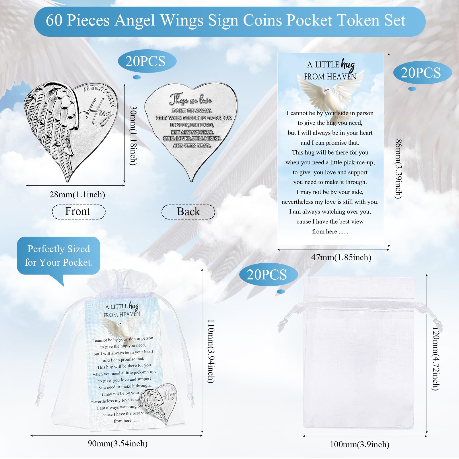 Fumete 20 Sets Funeral Favors for Guests with Heart Pocket Hug Tokens, Memorial Prayer Cards & Organza Bags