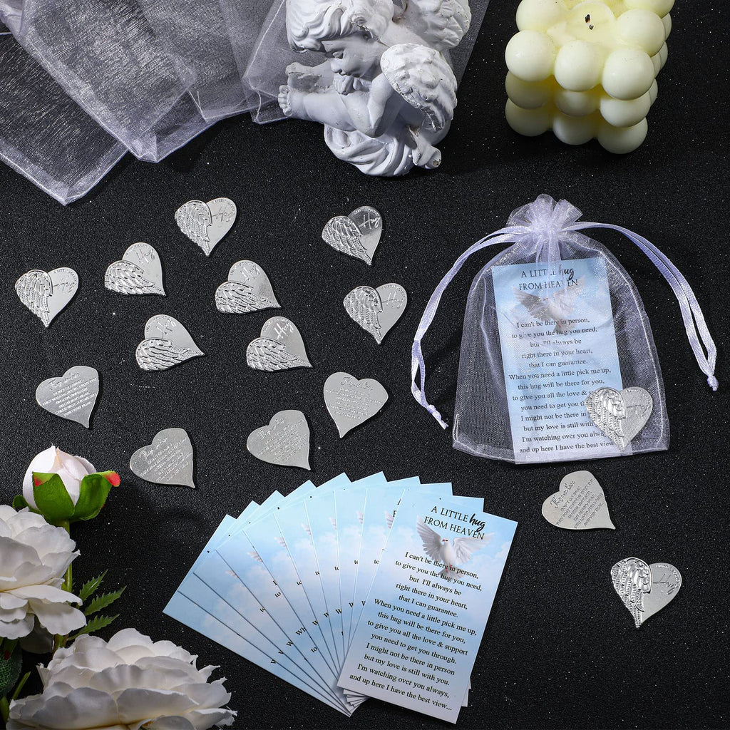 Fumete 20 Sets Funeral Favors for Guests with Heart Pocket Hug Tokens, Memorial Prayer Cards & Organza Bags