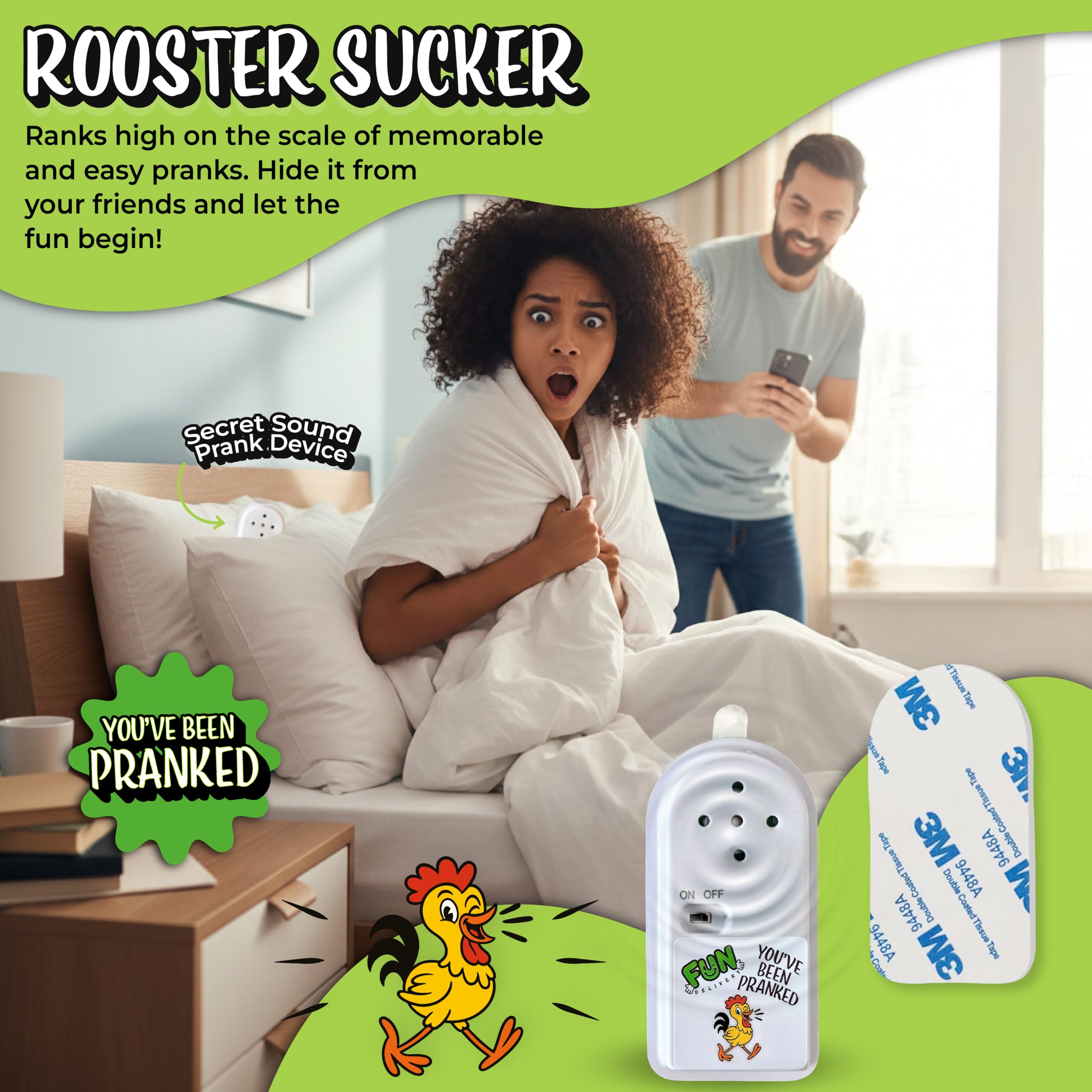 FUN delivery Hidden Rooster Prank Device – Realistic Crow Sound, Ten-Minute Intervals, Adhesive Backing
