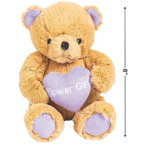 Fun Express Flower Girl Teddy Bear - 8 Inch Plush with Embroidered Purple Heart - Wedding Proposal Gift & Keepsake