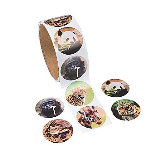 Fun Express Zoo Animal Stickers Roll - 100 Assorted Cotton Stickers for Scrapbooking